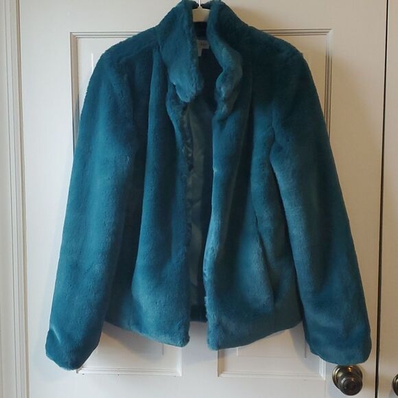 MAISON JULES FAUX FUR JACKET SIZE SMALL REVERSIBLE BLUE GREEN - Picture 7 of 12